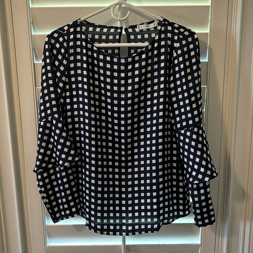 Mango navy/white printed long sleeves blouse